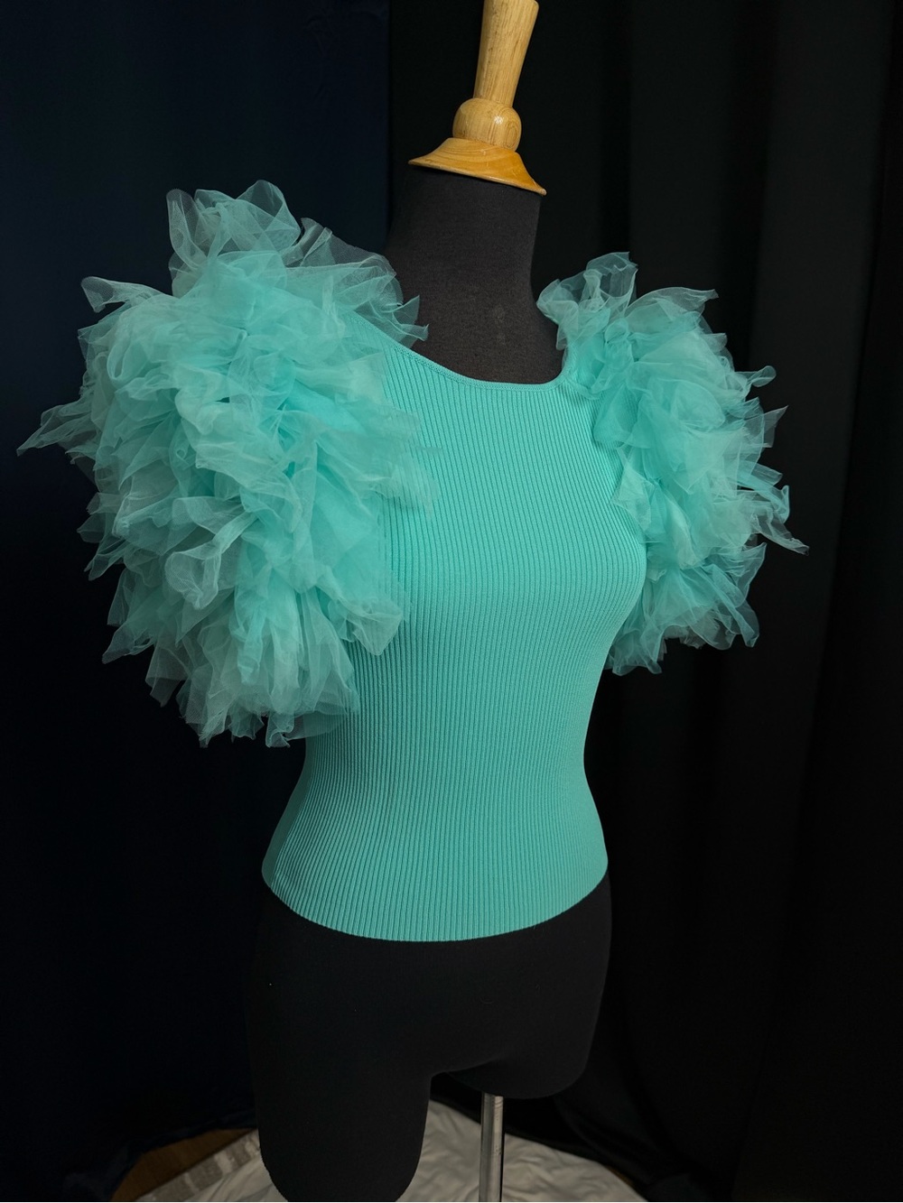 Zara Aqua Puff Sleeve Ribbed Women's Sweater